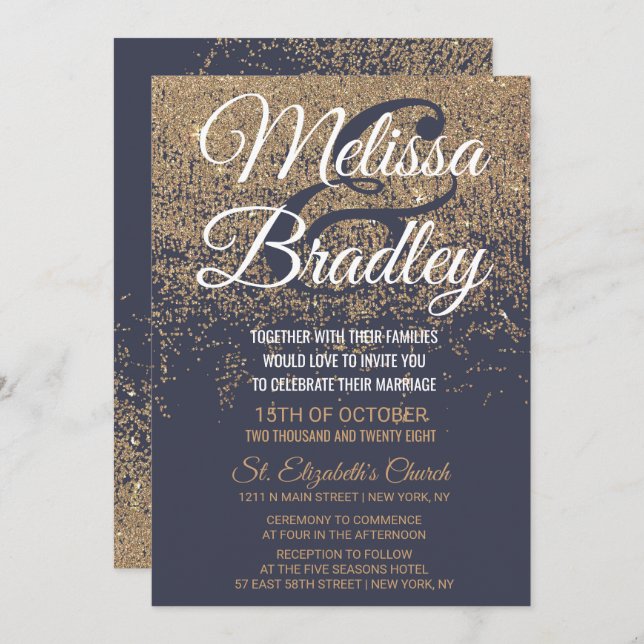 Gold Glitter Sparkles Navy Blue Wedding Invitation (Front/Back)
