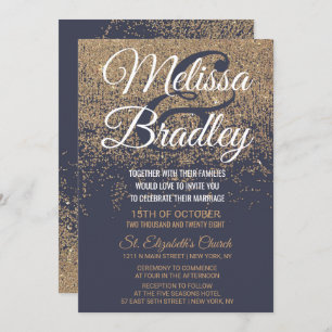 Gold Glitter Sparkles Navy Blue Wedding Invitation