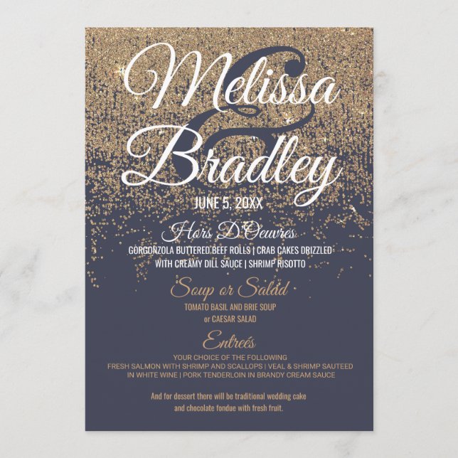 Gold Glitter Sparkles Navy Blue Wedding Menu (Front)