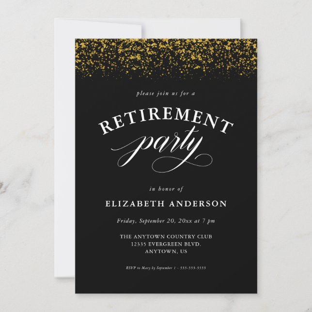 Gold Glitter Sparkles Script Retirement Party Invitation (Front)