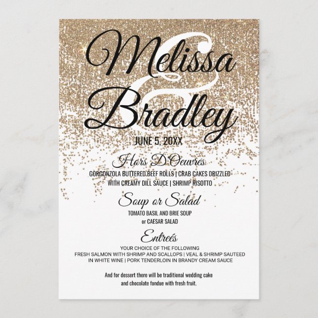 Gold Glitter Sparkles White Wedding Menu (Front)