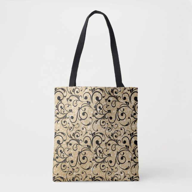 Gold Glitter Sparkles with Royal Floral Pattern Tote Bag (Front)