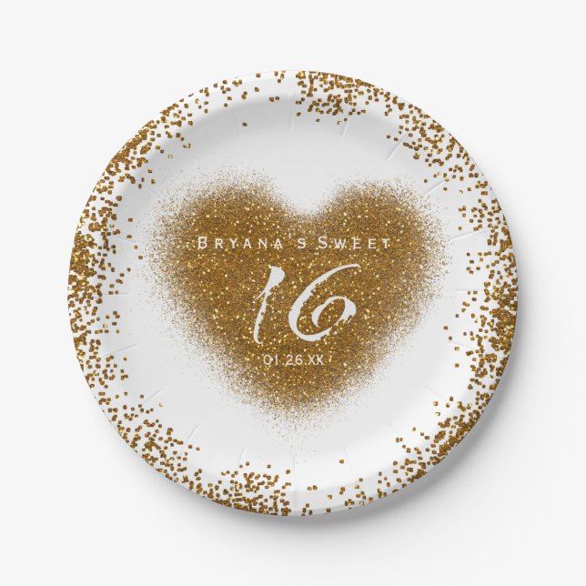 Gold Glitter Spill Sweet 16 Heart Party Plates (Front)
