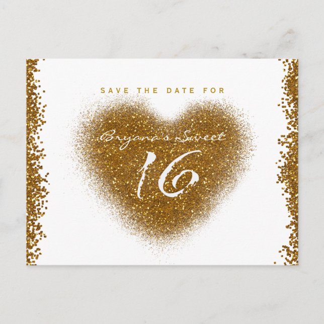 Gold Glitter Spill Sweet 16 Heart Save The Date Announcement Postcard (Front)