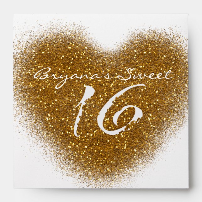 Gold Glitter Spill Sweet 16 Heart Square Envelope (Front)