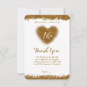 Gold Glitter Spill Sweet 16 Heart Thank You Card
