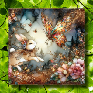 Gold Glitter Stained Glass Bunny Butterfly Easter Holiday Card