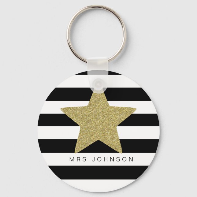 Gold Glitter Star Teacher Keychain, Thank You  Key Ring (Front)