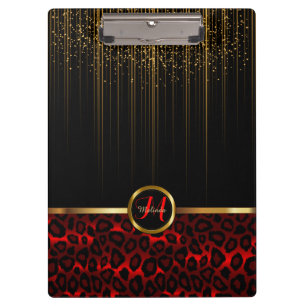 Gold Glitter Starlights & Red Leopard Skin Design Clipboard