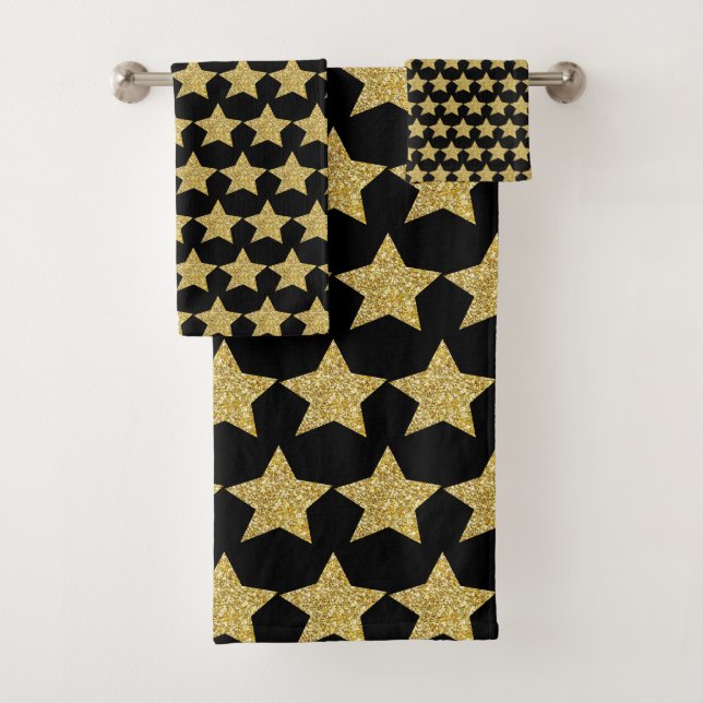 Gold Glitter Stars Black Bath Towel Set (Insitu)