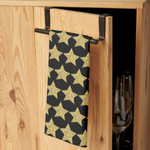 Gold Glitter Stars Black Tea Towel