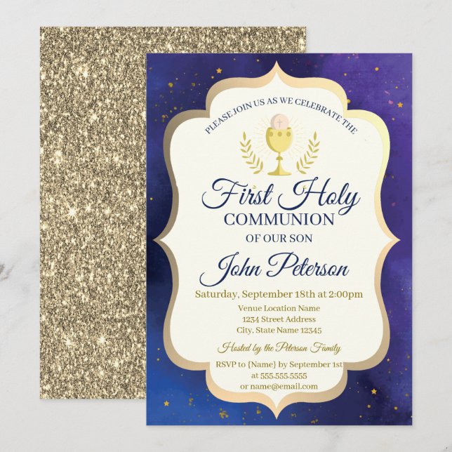 Gold Glitter,Stars,Chalice First Holy Communion  Invitation (Front/Back)