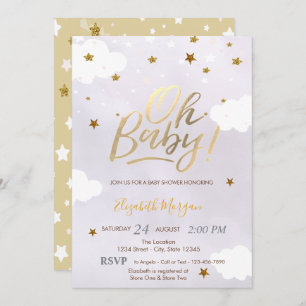Gold Glitter Stars Clouds Lavender Baby Shower Invitation