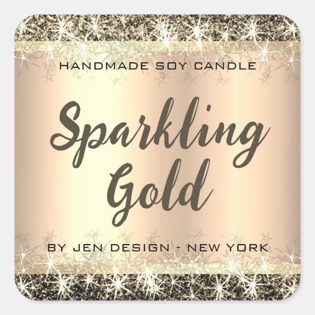 Gold Glitter Stars Custom Name Luxurious Golden Square Sticker (Front)