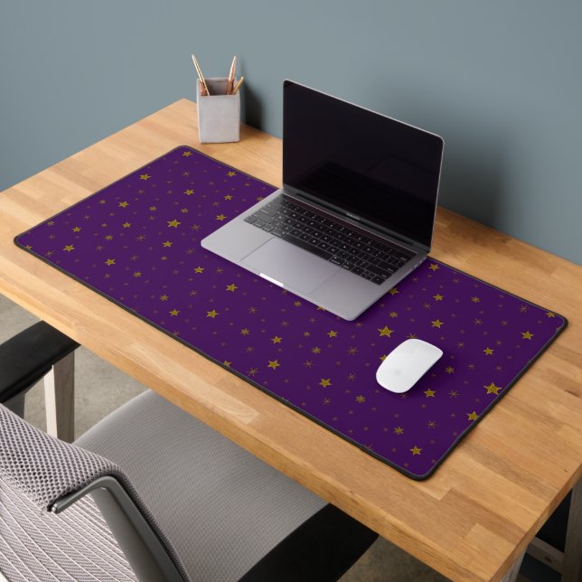 Gold glitter stars on purple background desk mat (Office 2)