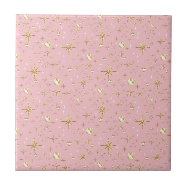 Gold glitter stars, pink and gold ceramic tile (Front)