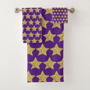 Gold Glitter Stars Purple Bath Towel Set