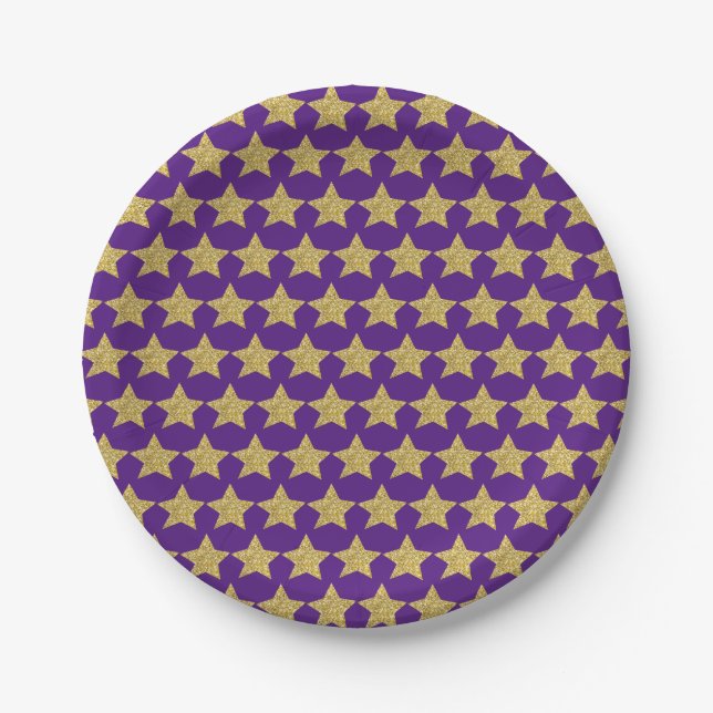 Gold Glitter Stars Purple Paper Plate (Front)