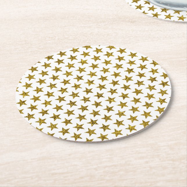 Gold glitter stars  round paper coaster (Angled)