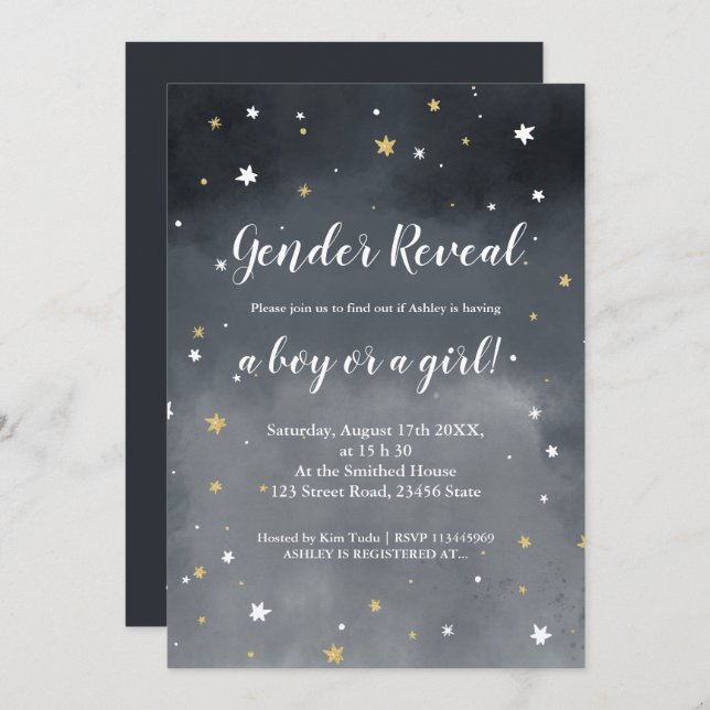 Gold glitter stars watercolor gender reveal invitation (Front/Back)