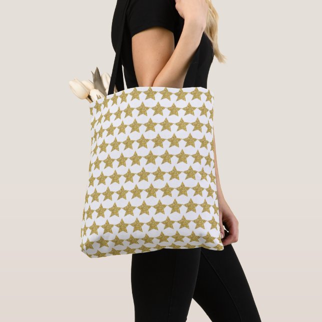 Gold Glitter Stars White Tote Bag (Close Up)