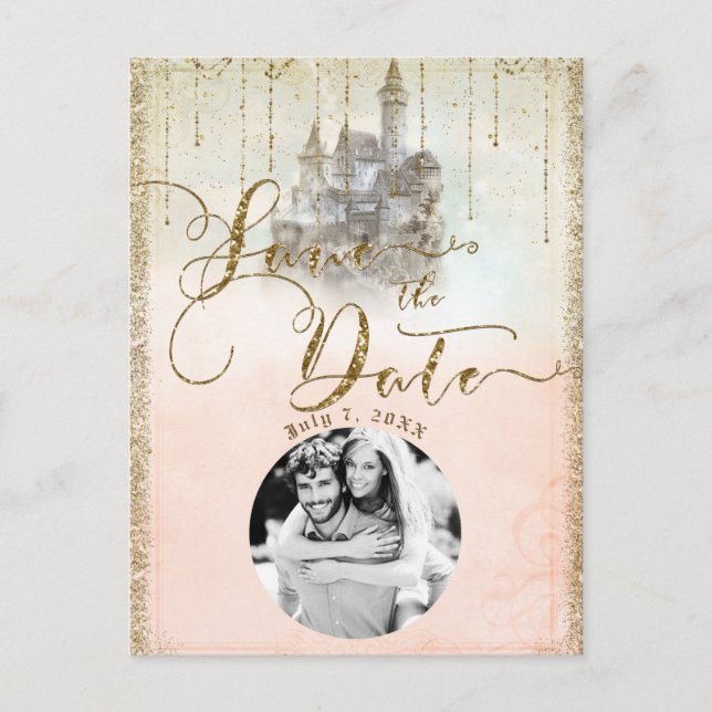 Gold Glitter Storybook Castle Save the Date Photo  Announcement Postcard (Front)