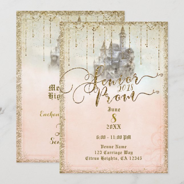 Gold Glitter Storybook Castle Senior Prom 2018 Invitation (Front/Back)