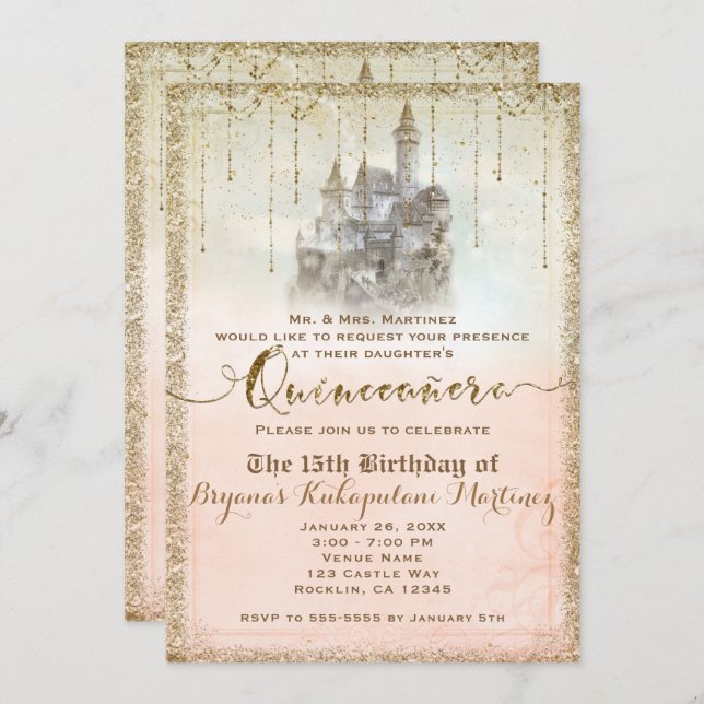 Gold Glitter Storybook Tale Castle 15 Quinceañera Invitation (Front/Back)