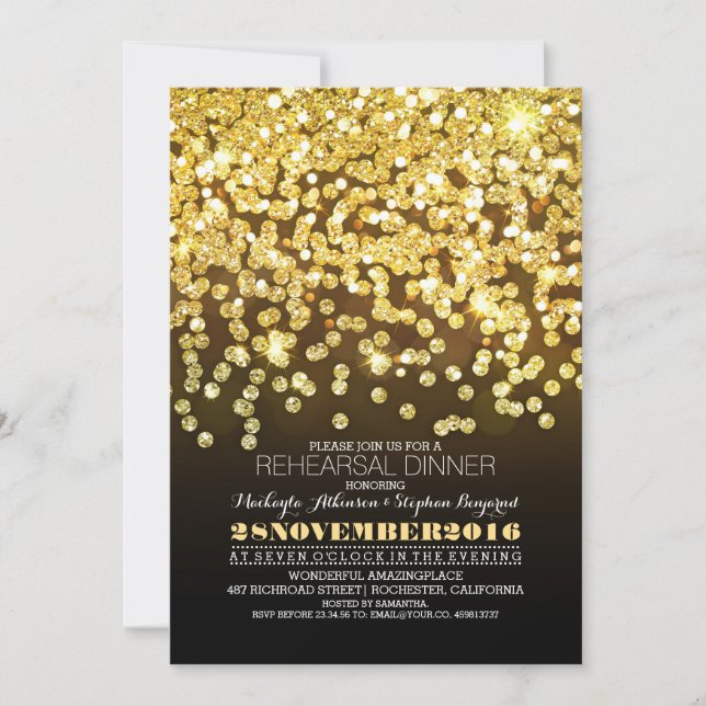 gold glitter string lights glam rehearsal dinner invitation (Front)