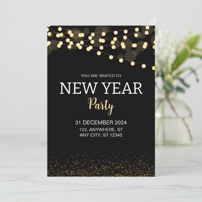 Gold Glitter String Lights New Year's Eve Party Invitation (Standing Front)