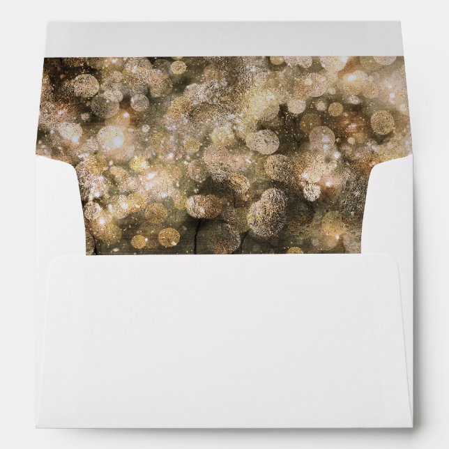 Gold Glitter String Lights Rustic Wedding Envelopes (Back (Bottom))