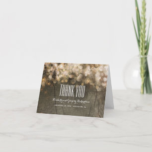 Gold Glitter String Lights Rustic Wood Thank You Card