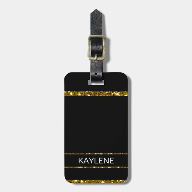 Gold Glitter Stripe and Black Luggage Tag (Front Vertical)