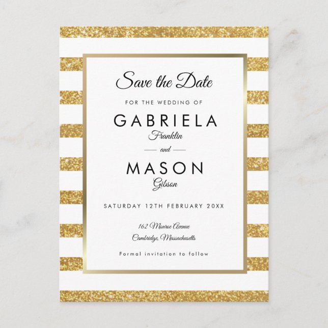 Gold Glitter Stripe Save the Date Announcement Postcard (Front)