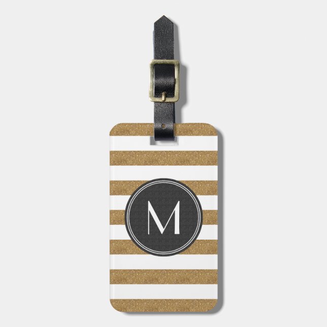 Gold Glitter Striped Black Monogram Luggage Tag (Front Vertical)