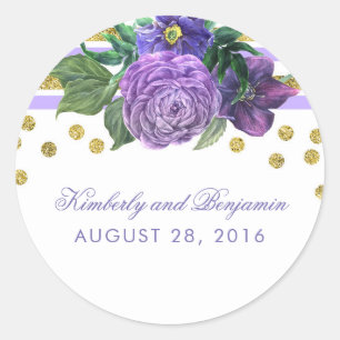 Gold Glitter Stripes and Purple Flowers Modern Classic Round Sticker