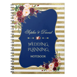 Gold Glitter Stripes Blush Floral Wedding Planner Notebook