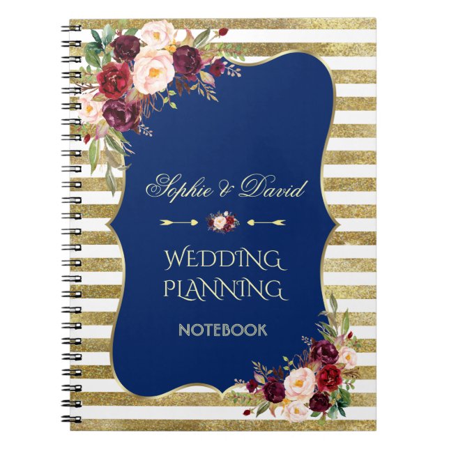 Gold Glitter Stripes Blush Floral Wedding Planner Notebook (Front)