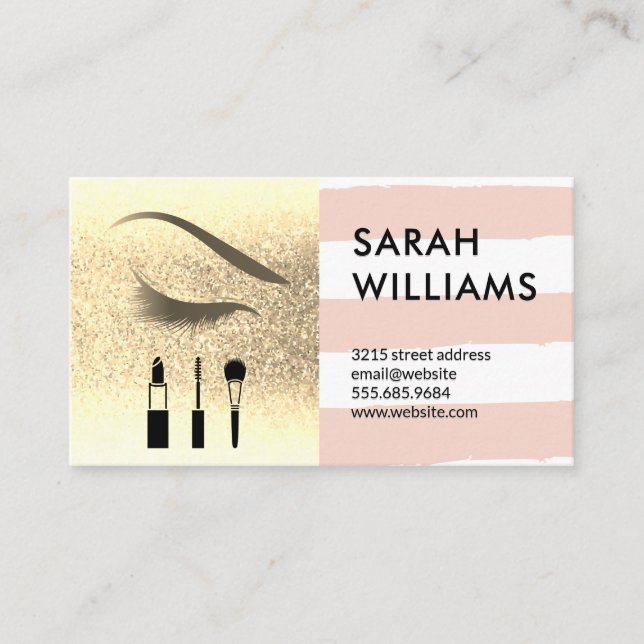 Gold Glitter | Stripes | Eye Lash Beauty Business Card (Front)