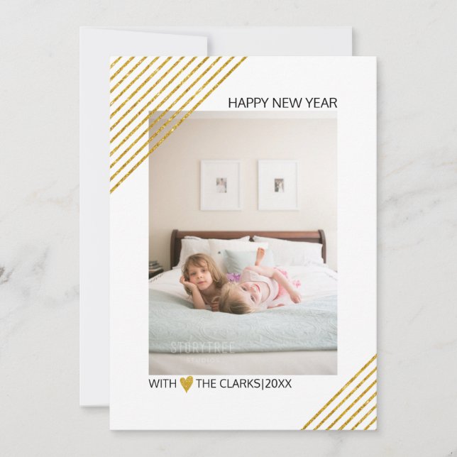 Gold glitter stripes New Year 2022 trendy photo Holiday Card (Front)