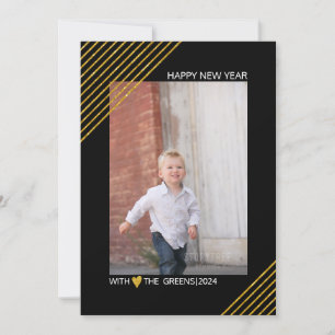 Gold glitter stripes New Year trendy black photo Holiday Card