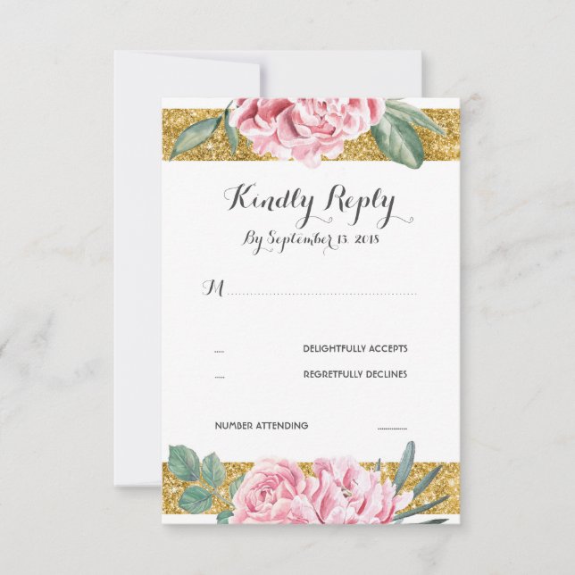 Gold Glitter Stripes Pink Floral Wedding RSVP Card (Front)