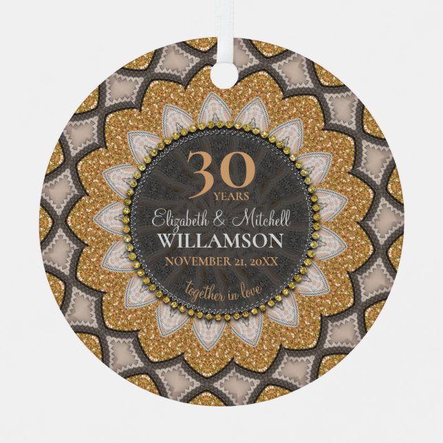 Gold Glitter Sunflower Geo-Mandala Anniversary  Metal Tree Decoration (Front)