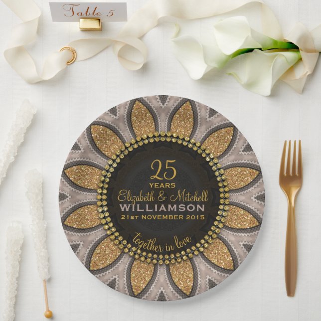 Gold Glitter Sunflower Modern Anniversary Paper Plate (Wedding)