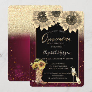 Gold Glitter Sunflowers,Burgundy Quinceanera  Invitation