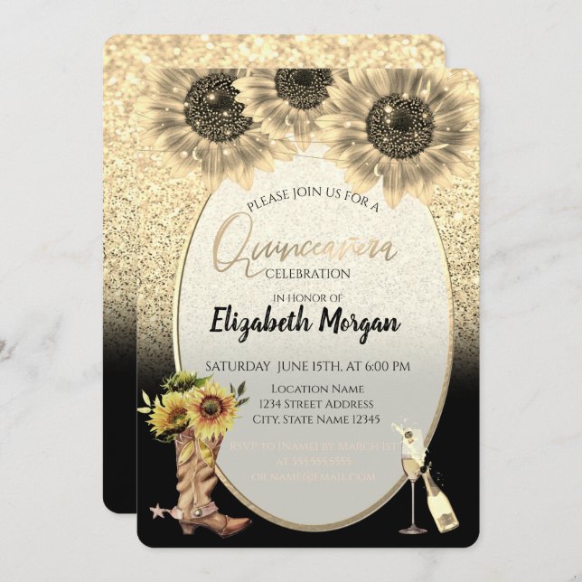Gold Glitter, Sunflowers,Glass Quinceanera  Invitation (Front/Back)