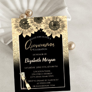 Gold Glitter Sunflowers,Wine Glass Quinceanera Invitation