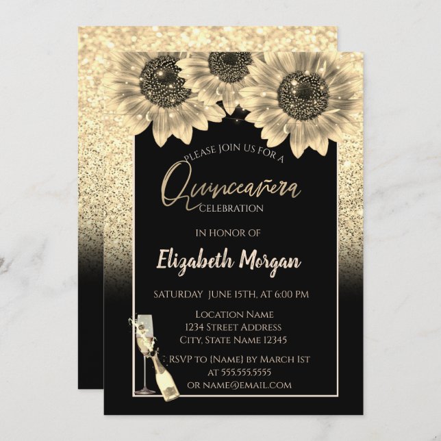 Gold Glitter Sunflowers,Wine Glass Quinceanera Invitation (Front/Back)