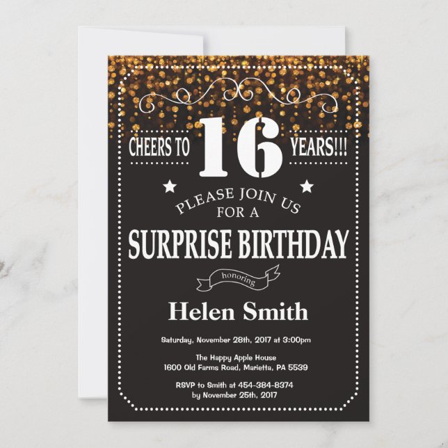 Gold Glitter Surprise 16th Birthday Invitation (Front)