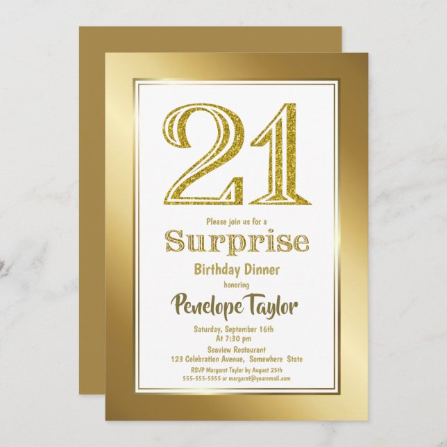 Gold Glitter Surprise 21st Birthday Dinner Party Invitation (Front/Back)